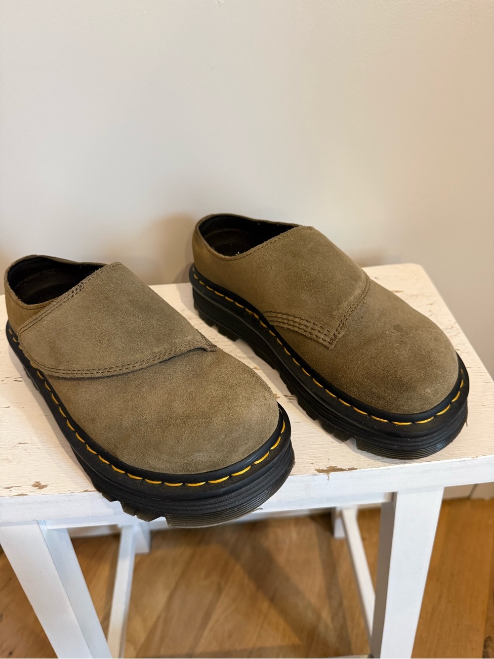Dr. Martens Zebzag Suede Mule- Olive Green Platforms - Picture 2 of 6